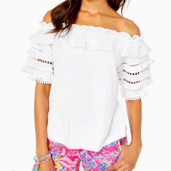 Lilly Pulitzer Brentwood White Off The Shoulder Top Relaxed Fit Sz XS - Picture 1 of 9